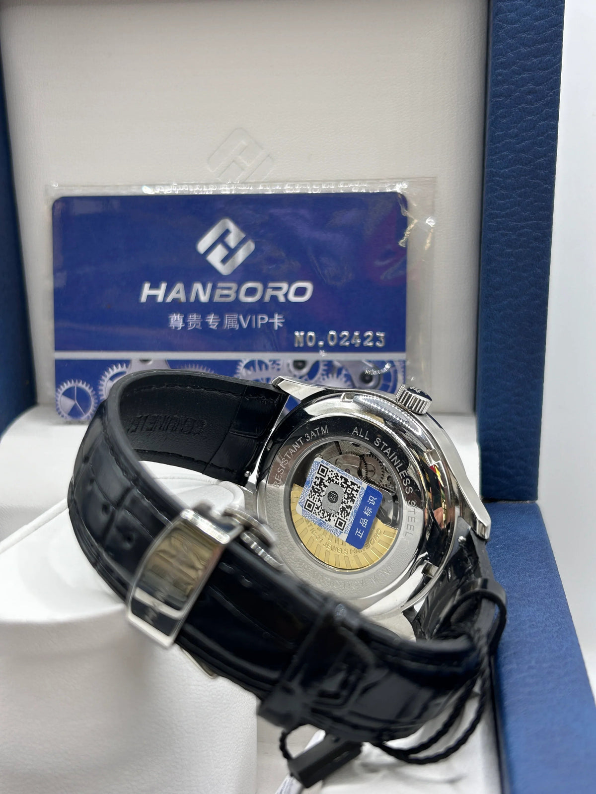 Montre automatique cadran bleu et blanc en cuir