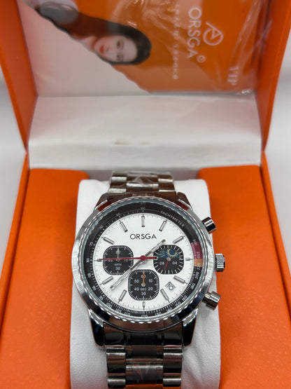 Montre chronographe de luxe à cadran blanc et bracelet en acier inoxydable
