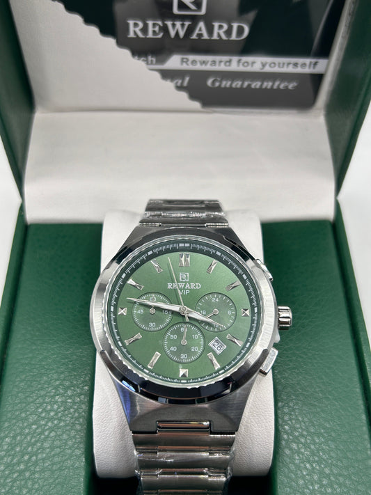 Montre chronographe de luxe à cadran vert en acier inoxydable