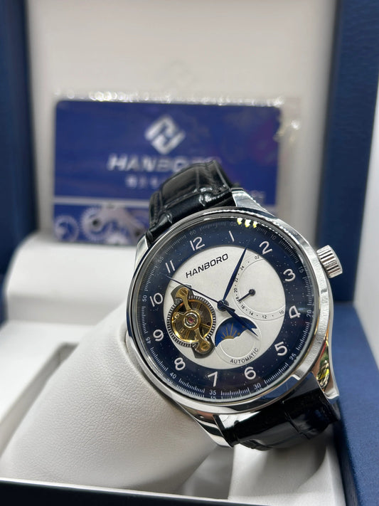 Montre automatique cadran bleu et blanc en cuir
