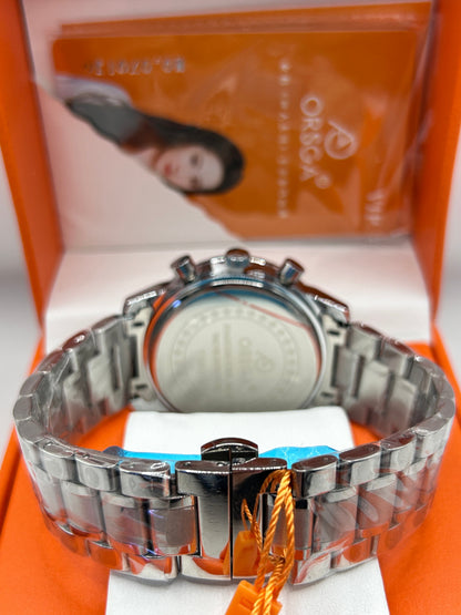 Montre chronographe de luxe à cadran blanc et bracelet en acier inoxydable