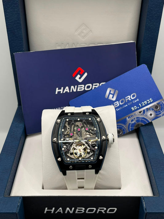 Montre automatique squelette tonneau noir avec bracelet blanc