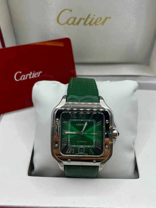 Montre Santos à cadran vert et bracelet en acier inoxydable argenté