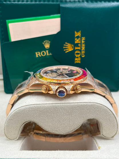Montre Day-Date en or rose avec sertissage arc-en-ciel