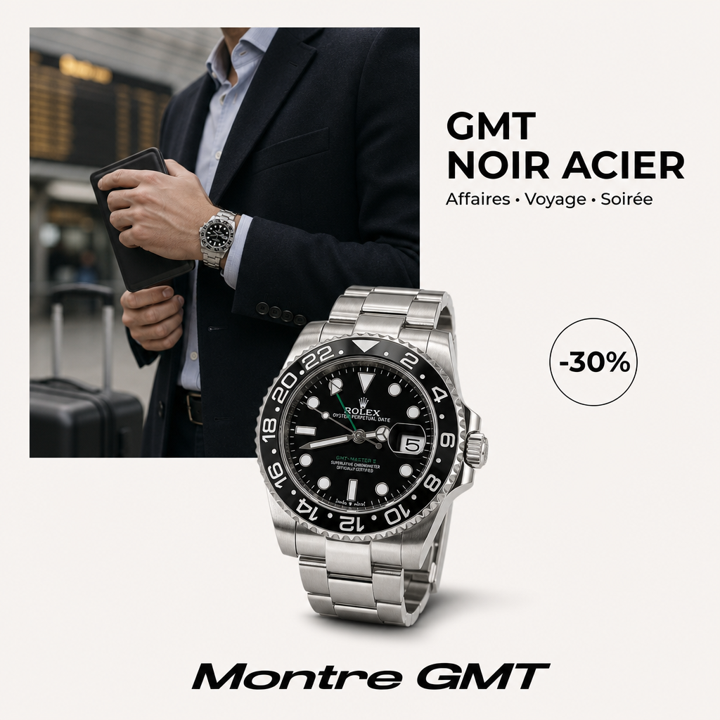 Montre GMT à cadran noir en acier inoxydable