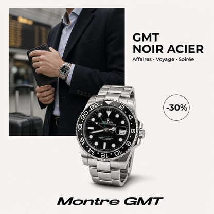 Montre GMT à cadran noir en acier inoxydable