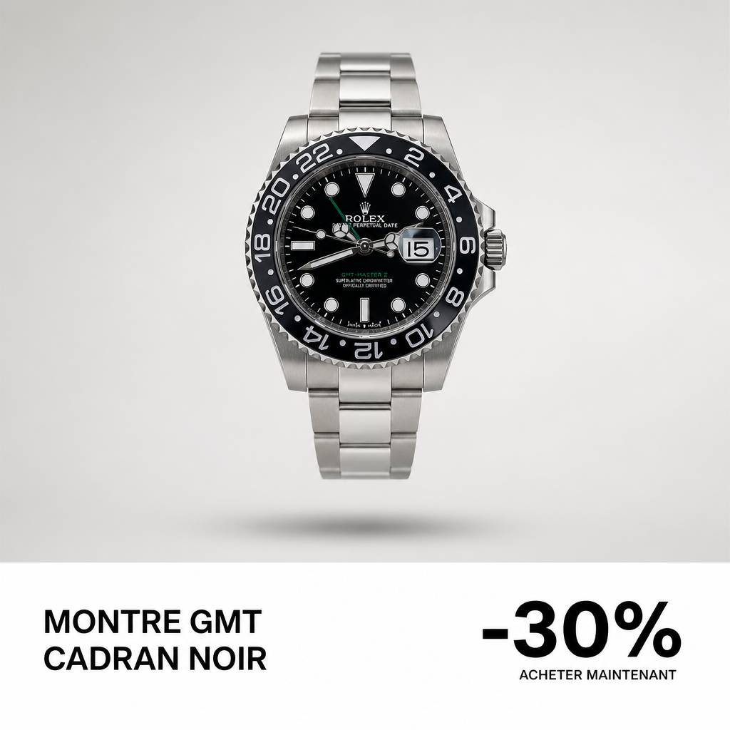 Montre GMT à cadran noir en acier inoxydable