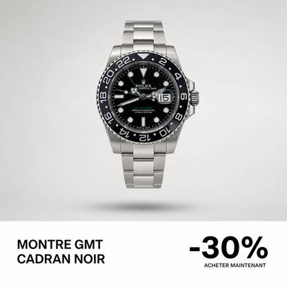 Montre GMT à cadran noir en acier inoxydable