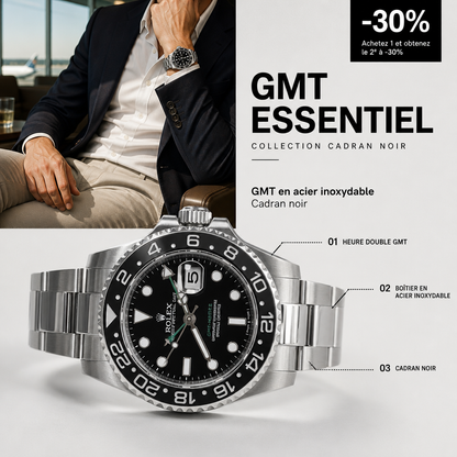Montre GMT à cadran noir en acier inoxydable